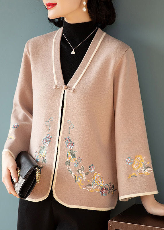 Camel Oriental Woolen Coat Outwear V Neckembroideried Long Sleeve