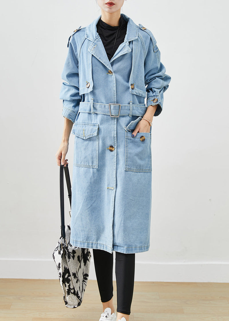 Italian Light Blue Notched Tie Waist Denim Trench Coat Spring
