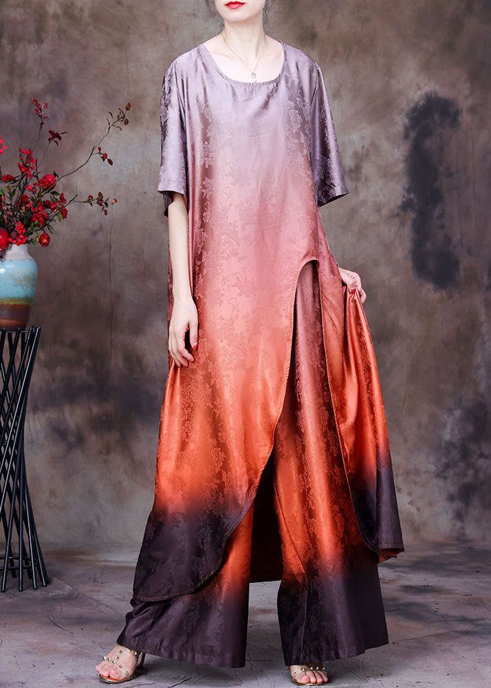 Orange Gradient Color Asymmetrical Design Jacquard Silk Two Piece Set Summer