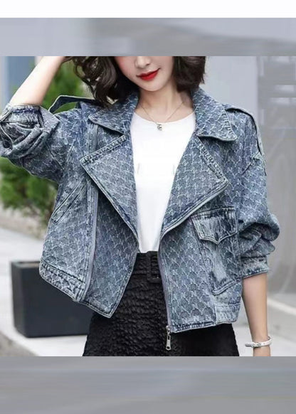 Denim Blue Notched Zippered Plaid Coat Long Sleeve