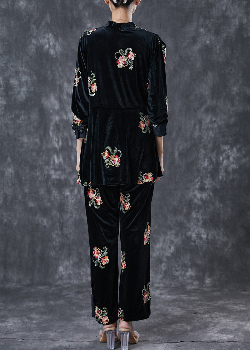 Black Embroideried Chinese Button Silk Velour 2 Piece Outfit Spring