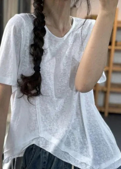 Unique White O-neck Asymmetrical Design Cotton Top Short Sleeve