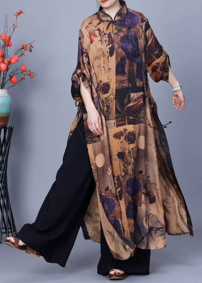 Stand Collar Print Side Open Silk Two Pieces Set Winter