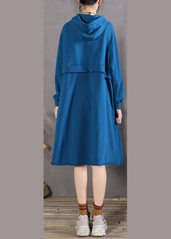 Blue Drawstring Cotton Loose Sweatshirts Dress Spring