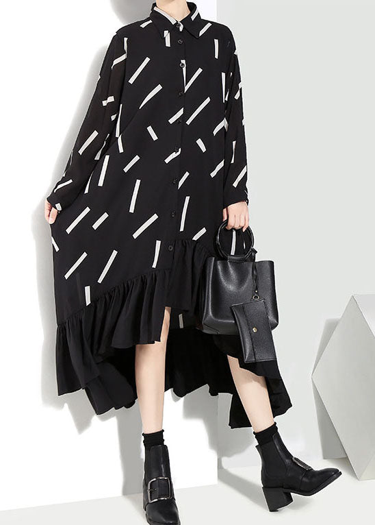 Organic Black Low High Design Peter Pan Collar Ruffles Print Shirt Dresses Spring
