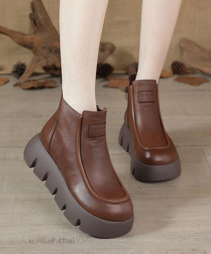 Brown Zippered Platform Cowhide Leather Boots Splicing Boots