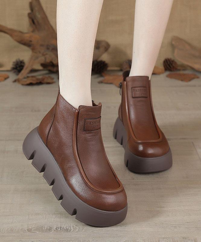 Brown Zippered Platform Cowhide Leather Boots Splicing Boots