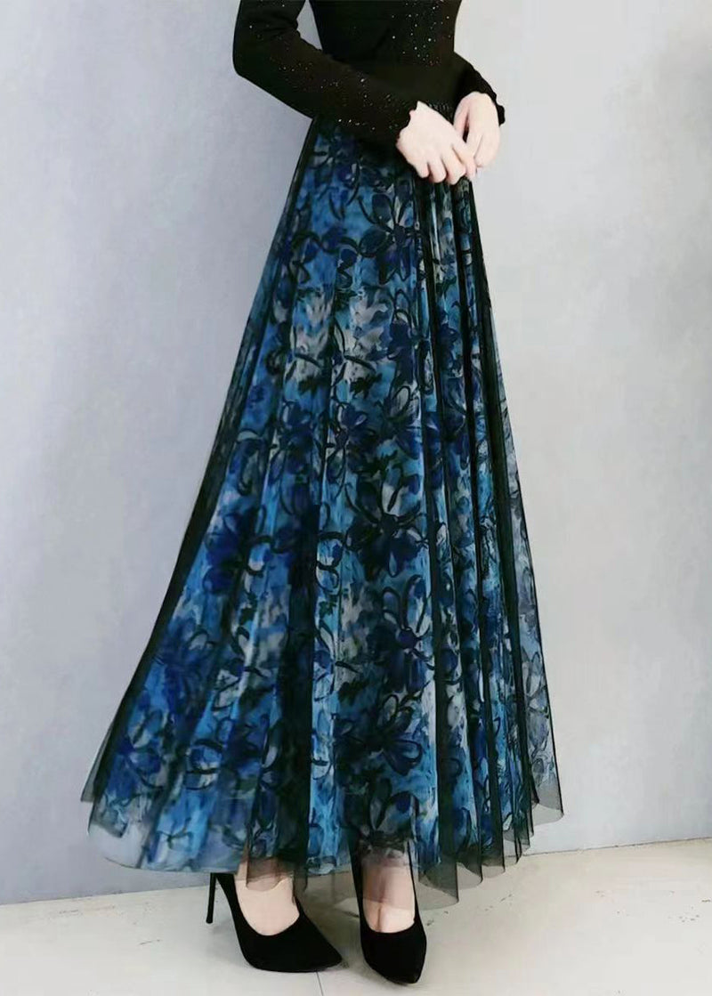 Blue Print Wrinkled High Waist Tulle Skirt Spring