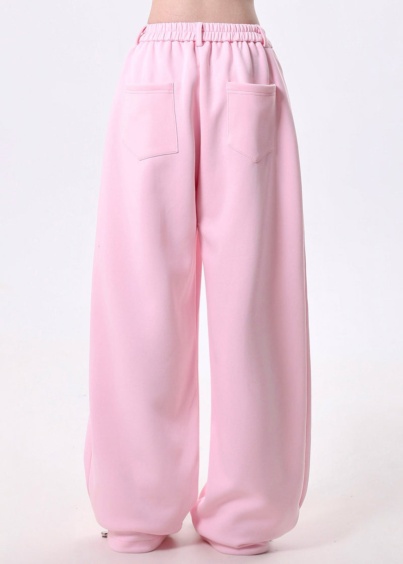 Pink Elastic Waist Cotton Straight Pants Spring