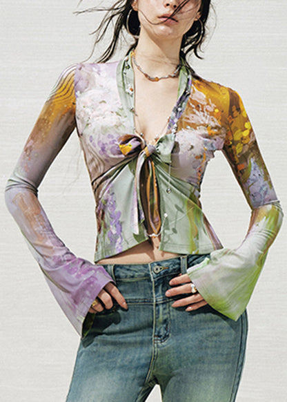 Green Purple V Neck Print Tie Waist Knit Shirts Fall
