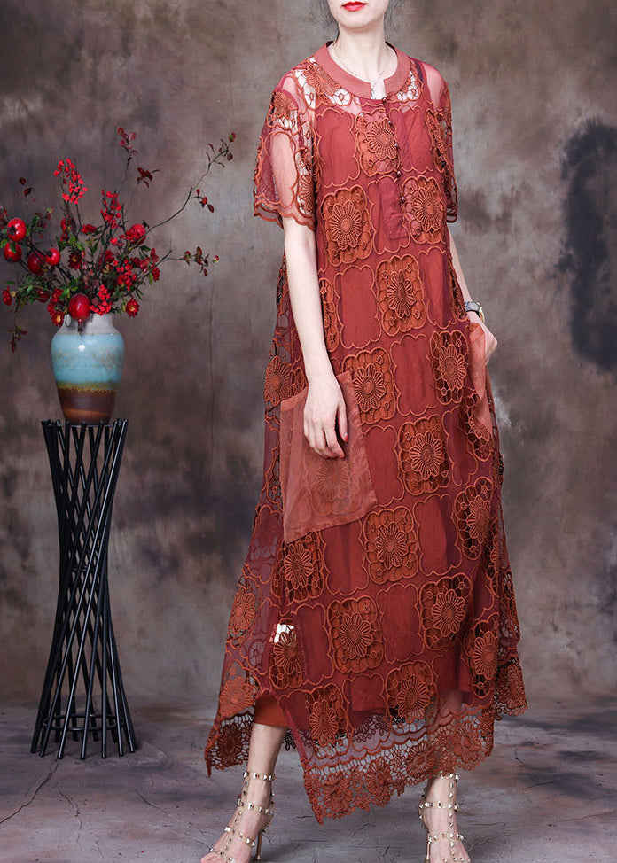 Purple O-neck Big Pockets Hollow Out Lace Dress and Spaghetti Strap Dress Two Piece Set Short Sleeve