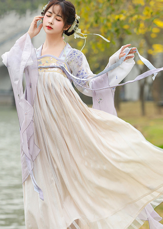 Purple Square Collar Embroideried Wrinkled Chiffon Two Piece Set Long Sleeve