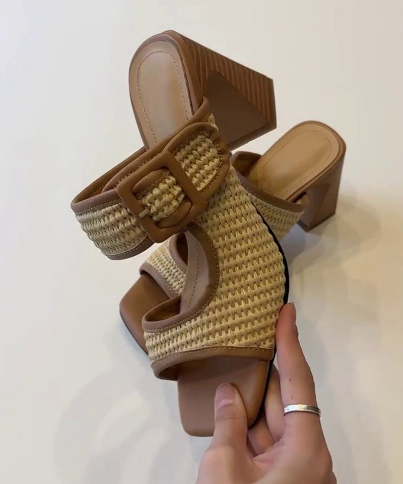 Splicing Chunky Heel Brown Faux Leather Slide Sandals