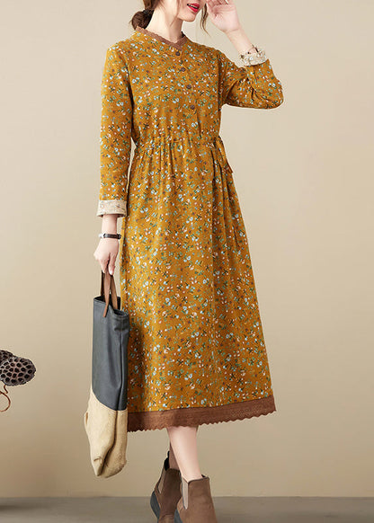 Art Yellow Stand Collar Tie Waist Print Lace Patchwork Dresses Long Sleeve