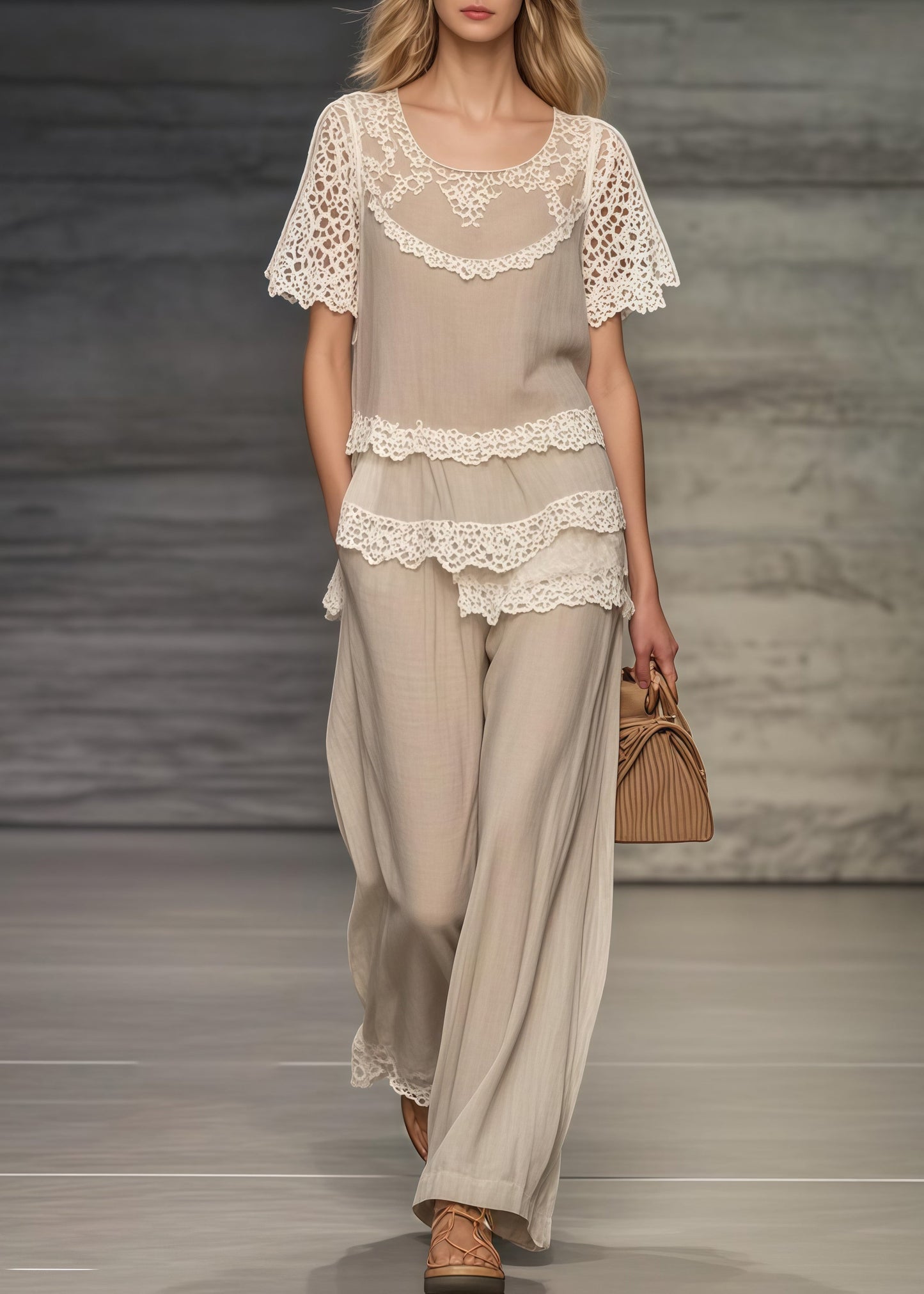 Khaki Asymmetrical Patchwork Lace Two Pieces Set Summer