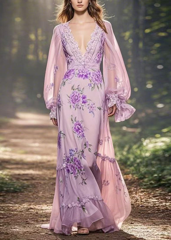 Light Purple Print Ruffled Patchwork Chiffon Long Dresses Spring