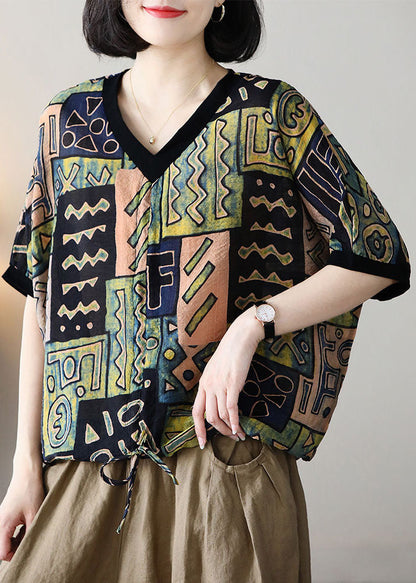Green V Neck Geometric Print Linen Tanks Short Sleeve