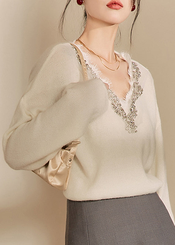 Diy Beige V Neck Lace Patchwork Cozy Cotton Knit Sweaters Winter