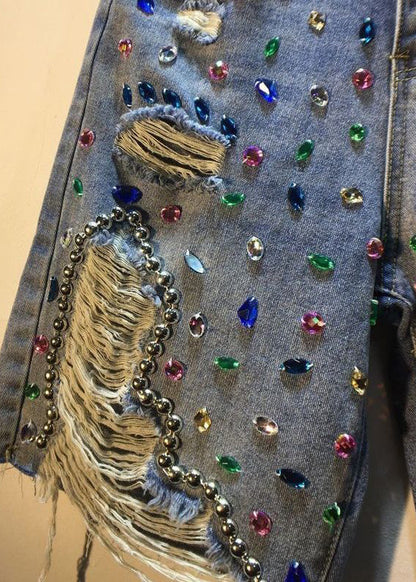 Unique Blue Nail Bead Patchwork High Waist Ripped Shorts Jeans Summer
