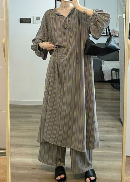 Grey Striped Patchwork Cotton Two Pieces Set Pajamas Long Sleeve Spring