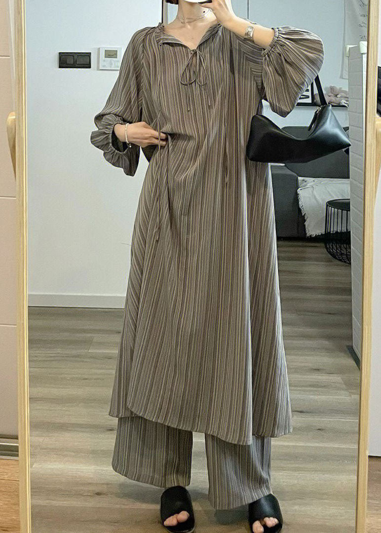 Grey Striped Patchwork Cotton Two Pieces Set Pajamas Long Sleeve Spring