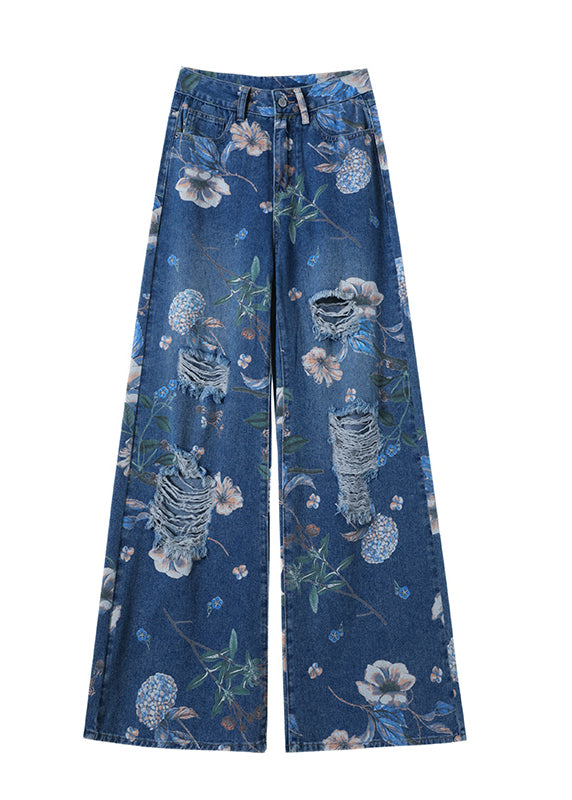 Blue Pockets Print Denim Ripped Pants Fall