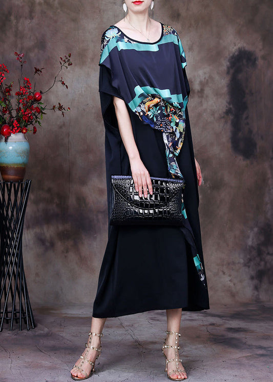 Black Asymmetrical Design Print Chiffon Dress Batwing Sleeve