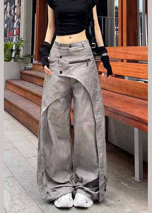 Grey Asymmetrical Pockets Patchwork Cotton Pants Spring