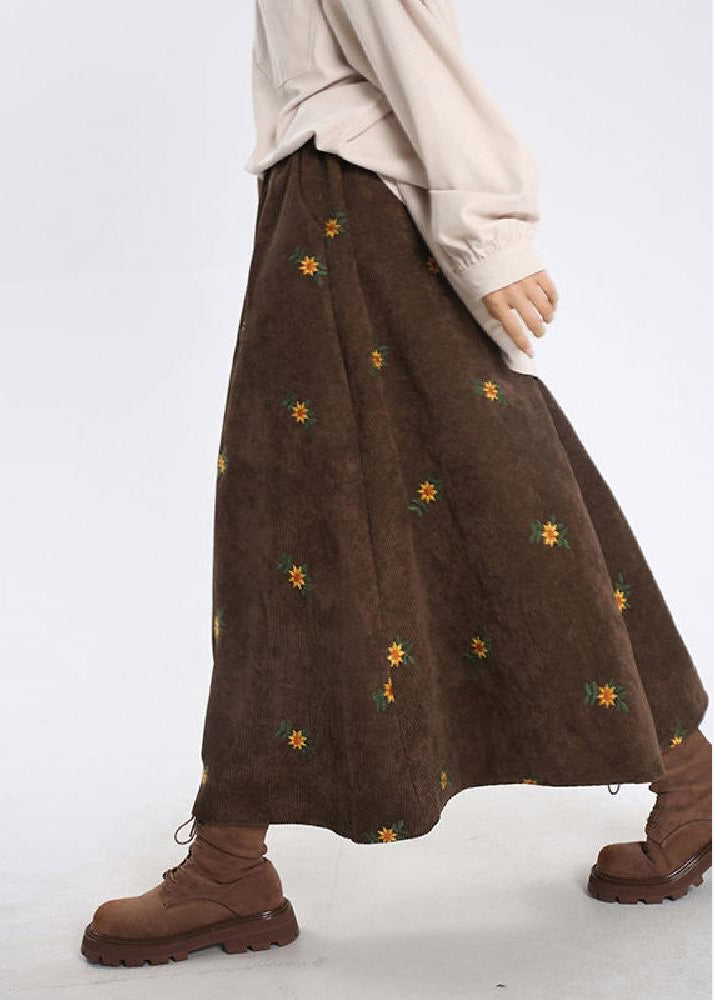 Brown Corduroy a Line Skirt Embroidered Spring