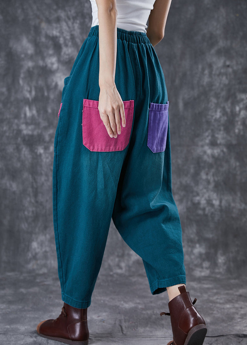 Green Oversized Patchwork Pockets Cotton Harem Pants Spring