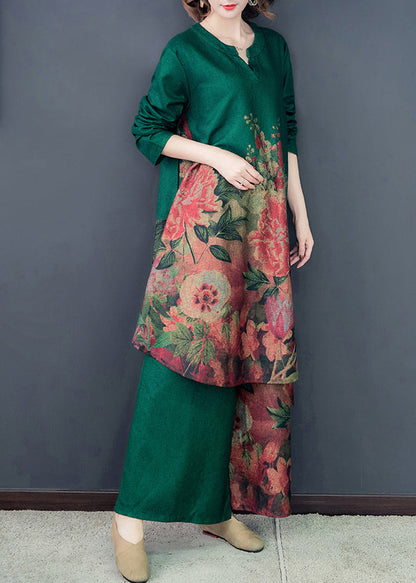 Green Silk Dress and Wide Leg Pants Two Pieces Set Low High Design Spring