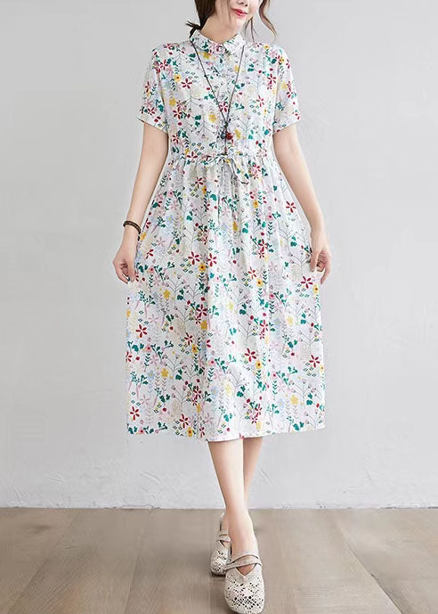 Half Sleeve O-neck Pleated Print Maxi Dress