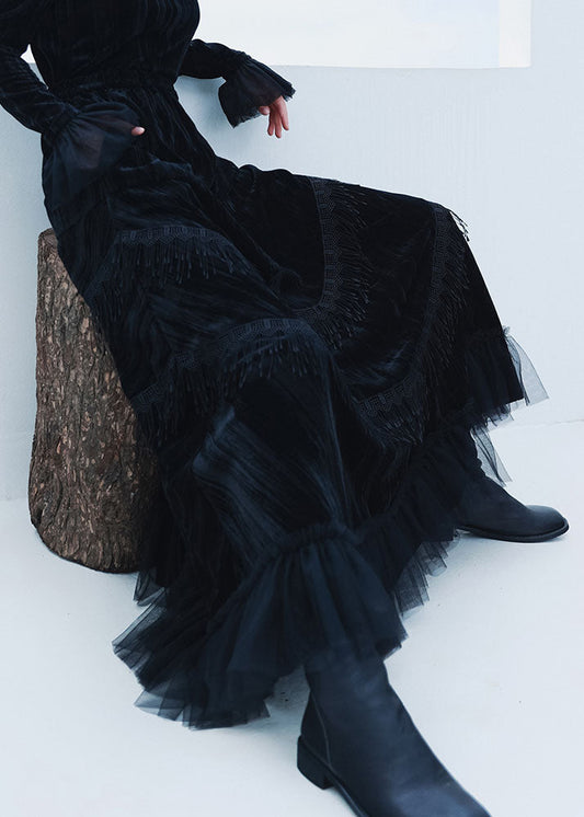 Black Patchwork Tulle Tasseled Velour Skirts Spring