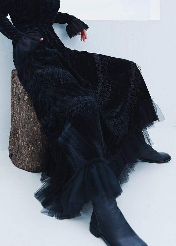 Black Patchwork Tulle Tasseled Velour Skirts Spring