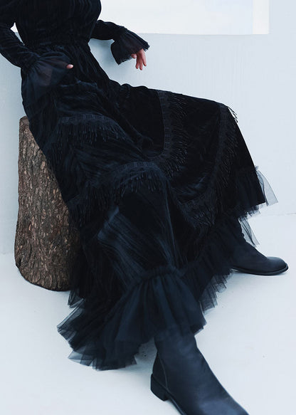 Black Patchwork Tulle Tasseled Velour Skirts Spring