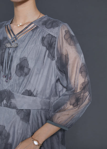 Grey Tasseled Print Silk Long Dress Bracelet Sleeve
