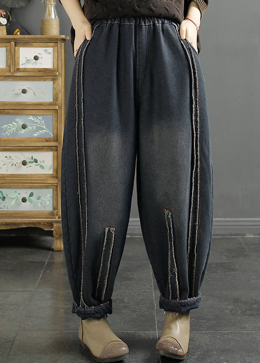 Diy Black Oversized Patchwork Warm Fleece Denim Harem Pants Winter