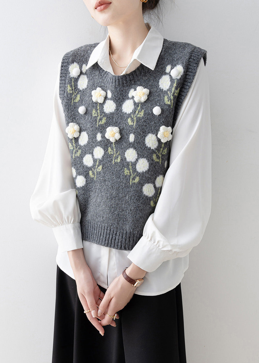 Dark Grey O Neck Knit Vest Sleeveless