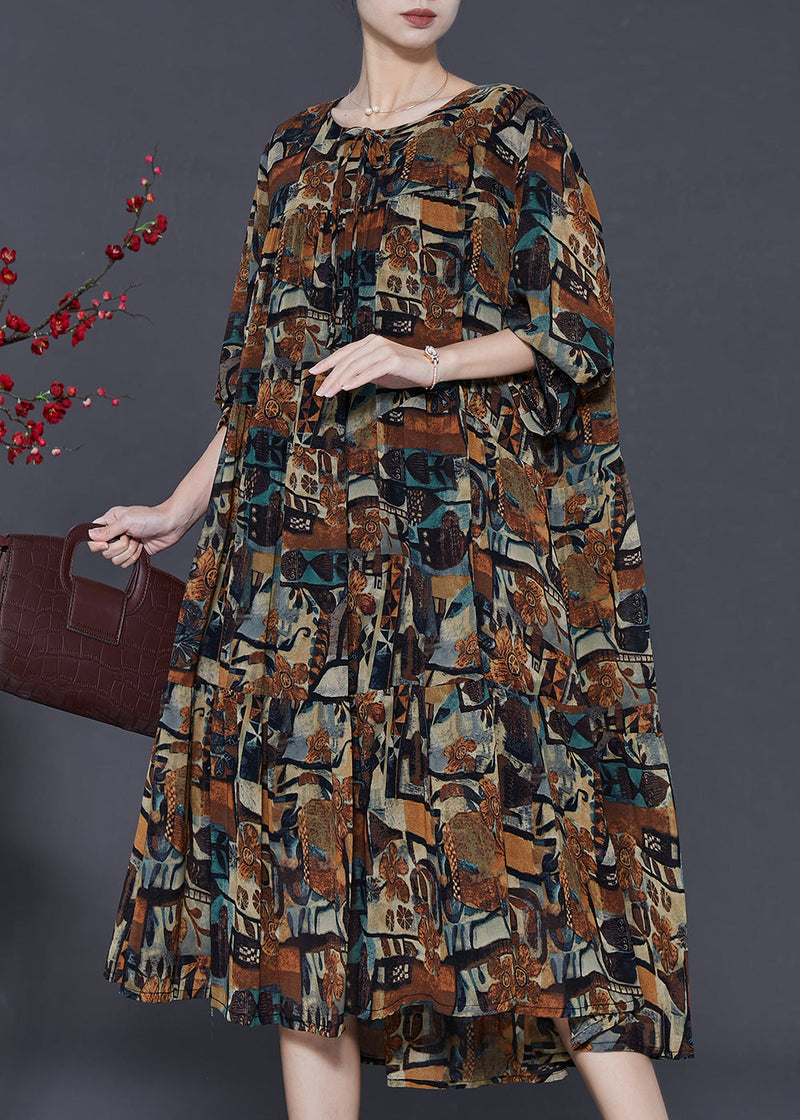 Brown Oversized Print Chiffon Vacation Dresses Fall