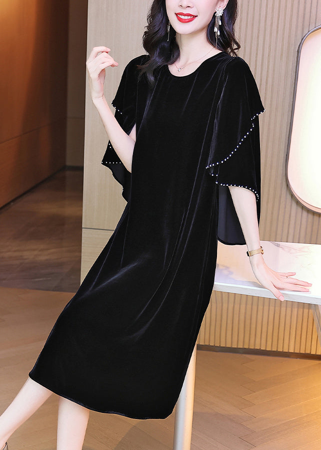 Style Black O-neck Ruffled Patchwork Silk Velour Dress Fall
