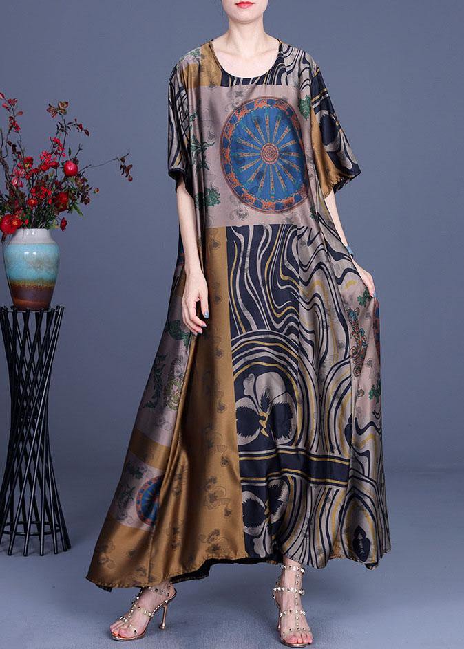 French Yellow Print Silk O-neck Summer Long Dress