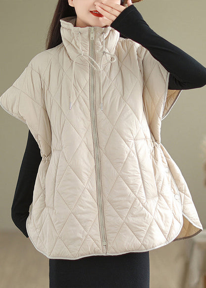 Beige Oversized Drawstring Fine Cotton Filled Puffers Vests Winter