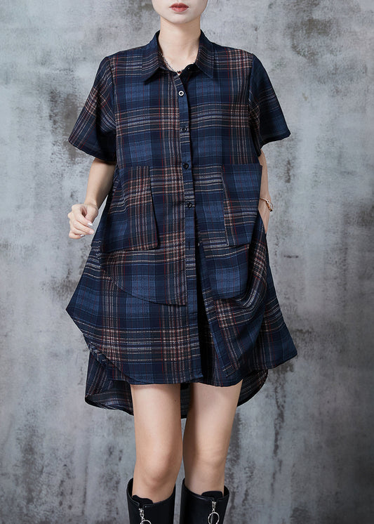 Navy Oversized Plaid Chiffon Two Pieces Set Summer