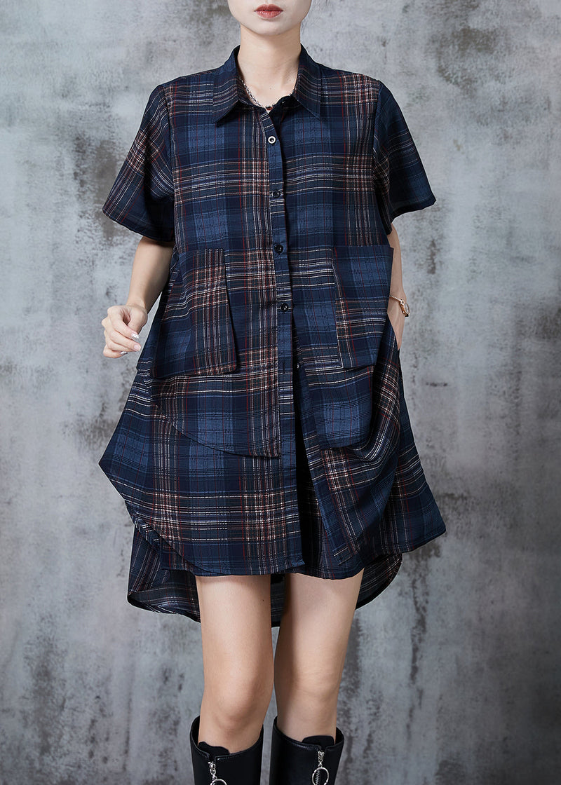 Navy Oversized Plaid Chiffon Two Pieces Set Summer