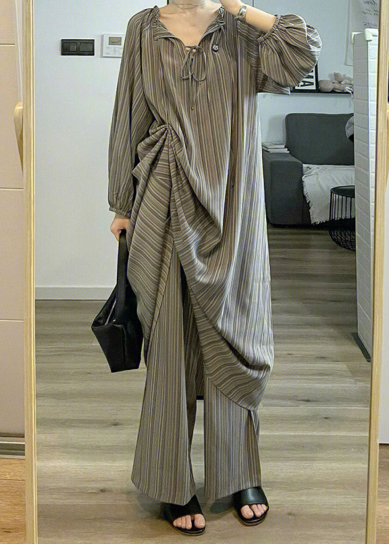 Grey Striped Patchwork Cotton Two Pieces Set Pajamas Long Sleeve Spring