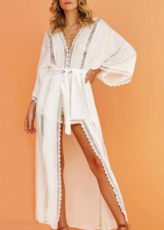 French White Patchwork Tie Waist Kimono Robe Maxi Chiffon Dress