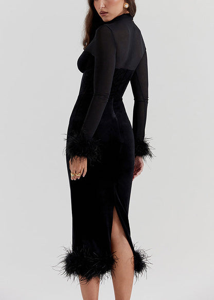 Black Patchwork Silk Velvet Dinner Dress