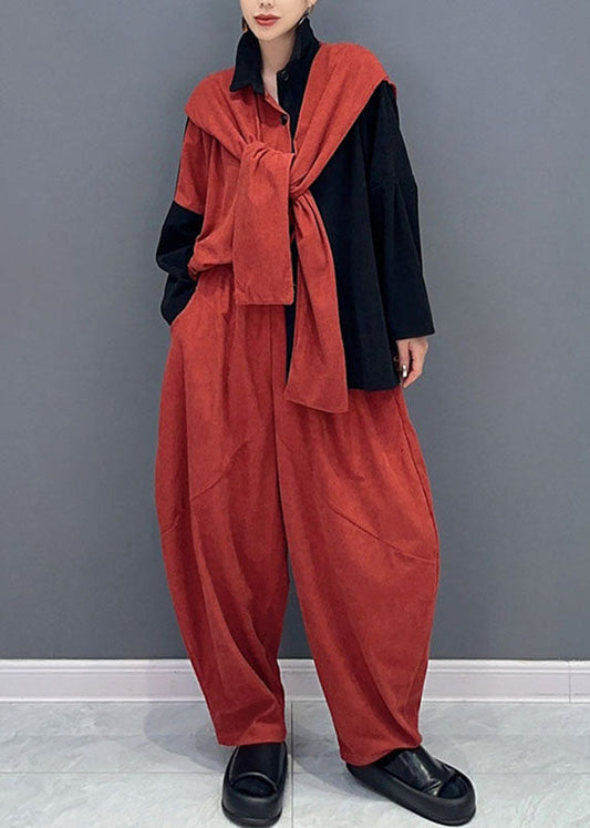 Stylish Orange Patchwork Black Asymmetrical Cape Top and Harem Pants Two Pieces Set Long Sleeve