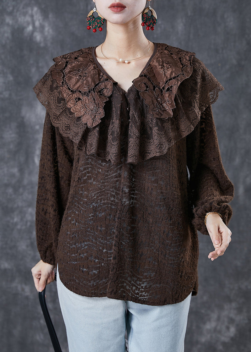 Chocolate Peter Pan Collar Hollow Out Lace Shirts Spring