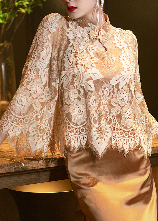 Fine Gold Stand Collar Lace Tops and Dress Silk Two Pieces Set Spring